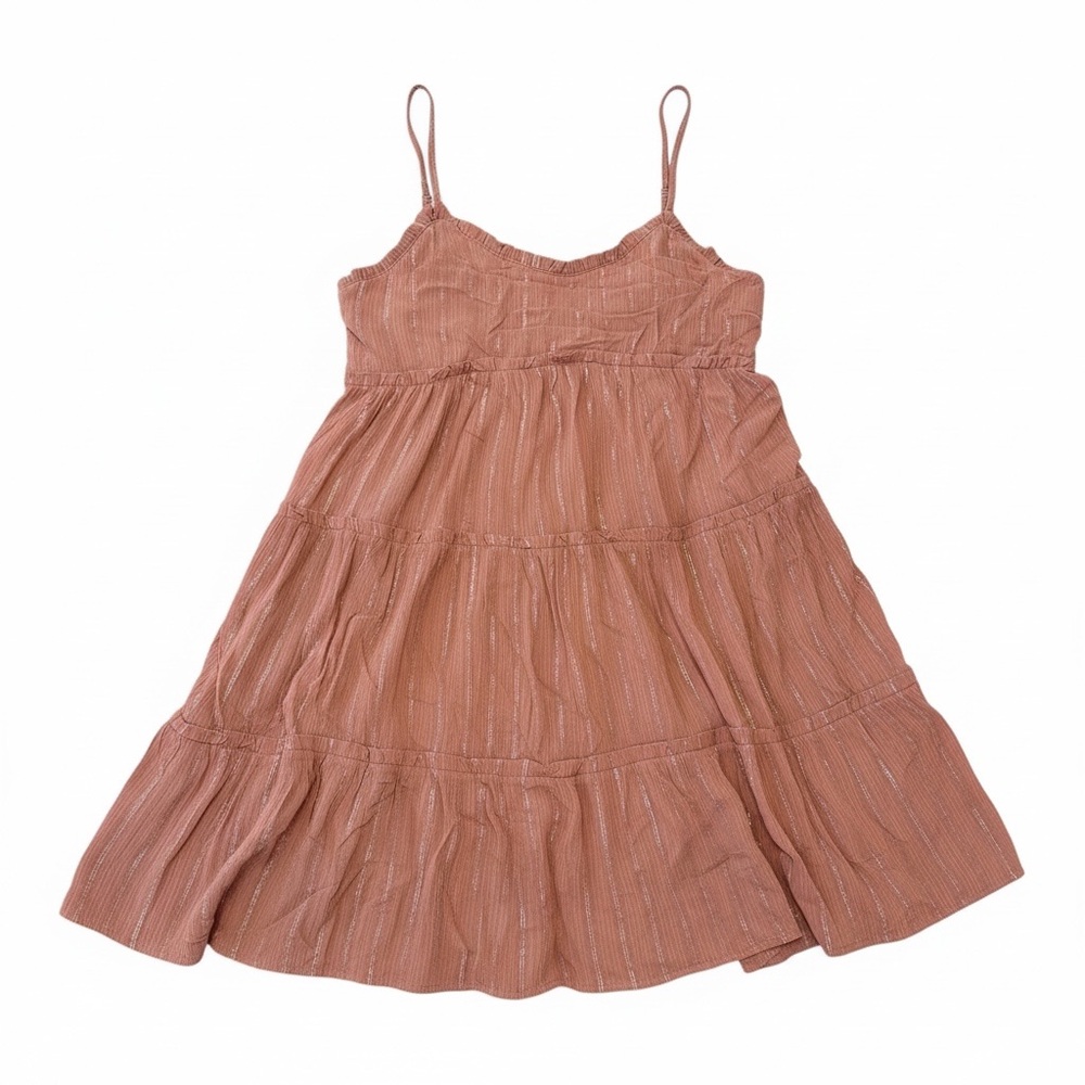 Limelush Terra Cotta Metallic Button Up Back tiered mini dress women’s small